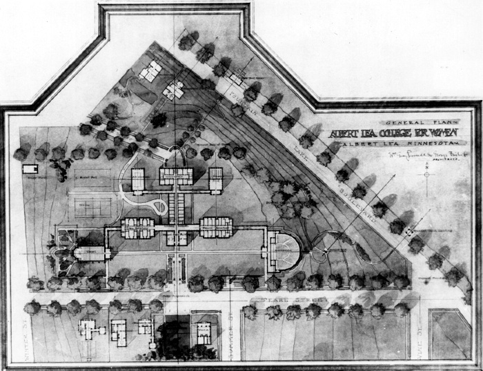 Presentation rendering, site plan
Cargill Science Hall, Albert Lea College for Women
circa 1907