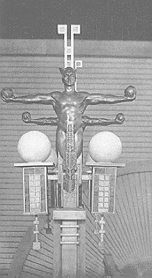 Interior, light fixture with sculptural figure by
Richard Bock
City National Bank
Frank Lloyd Wright, architect
Mason City, Iowa
1911
