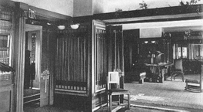 Interior, view from library to living room
House for E. P. Irving
Frank Lloyd Wright, architect
Hermann V. von Holst, architect
Marion Mahony Griffin, associated architect
Decatur, Illinois