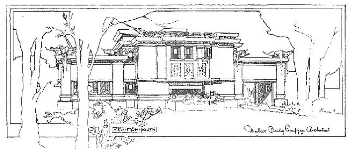 Presentation rendering, showing elevation
House for H. D. Page (and Blythe), Rock Glen
development
Walter Burley Griffin and Marion Mahony Griffin,
architects
Mason City, Iowa
