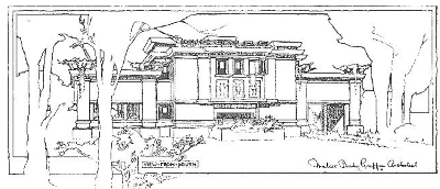 Presentation rendering, showing elevation
House for H. D. Page (and Blythe), Rock Glen
development
Walter Burley Griffin and Marion Mahony Griffin,
architects
Mason City, Iowa