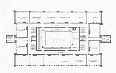 Second, third, and fourth floor plans
School for the Chicago Board of Education
Dwight H. Perkins, architect
Chicago, Illinois