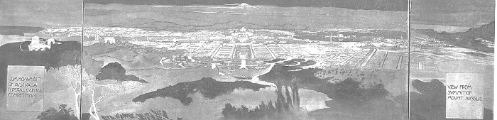 Presentation rendering, site perspective
Australian National Parliament Buildings Competition
Walter Burley Griffin and Marion Mahony Griffin,
architects
Canberra, Australia