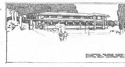Presentation rendering (view from athletic field)
Clubhouse for Howe School
Hermann V. von Holst, architect
Howe, Indiana