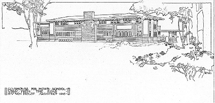 Presentation rendering (view from road)
Clubhouse for Howe School
Hermann V. von Holst, architect
Howe, Indiana
