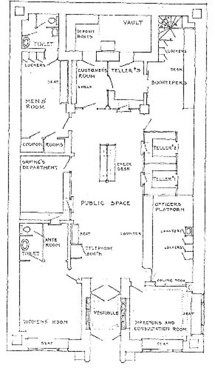 First floor plan
Merchants National Bank
Louis Henri Sullivan, architect
Grinnell, Iowa